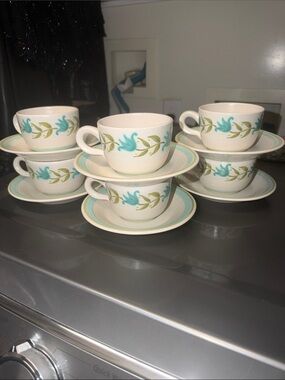 Tulip Time Franciscan ware set of six cups and saucers turquoise and lime green